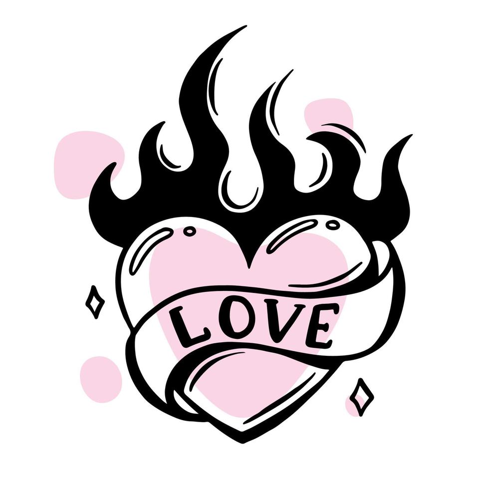 transferable temporary girl tattoo. A hot heart with a flame . Love, passion. lineart, engraving. vector