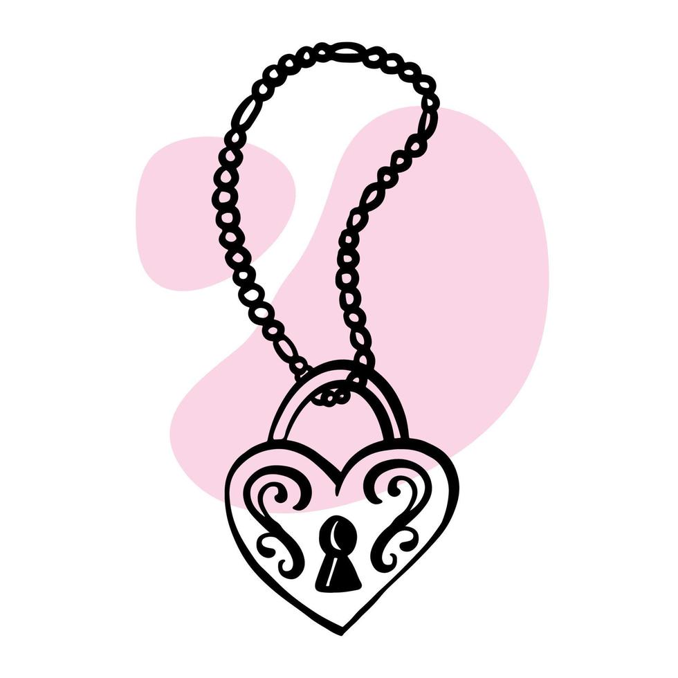 A girl's transferable temporary tattoo. A lock on a chain in the style of lineart and an engraving. Romance, love vector