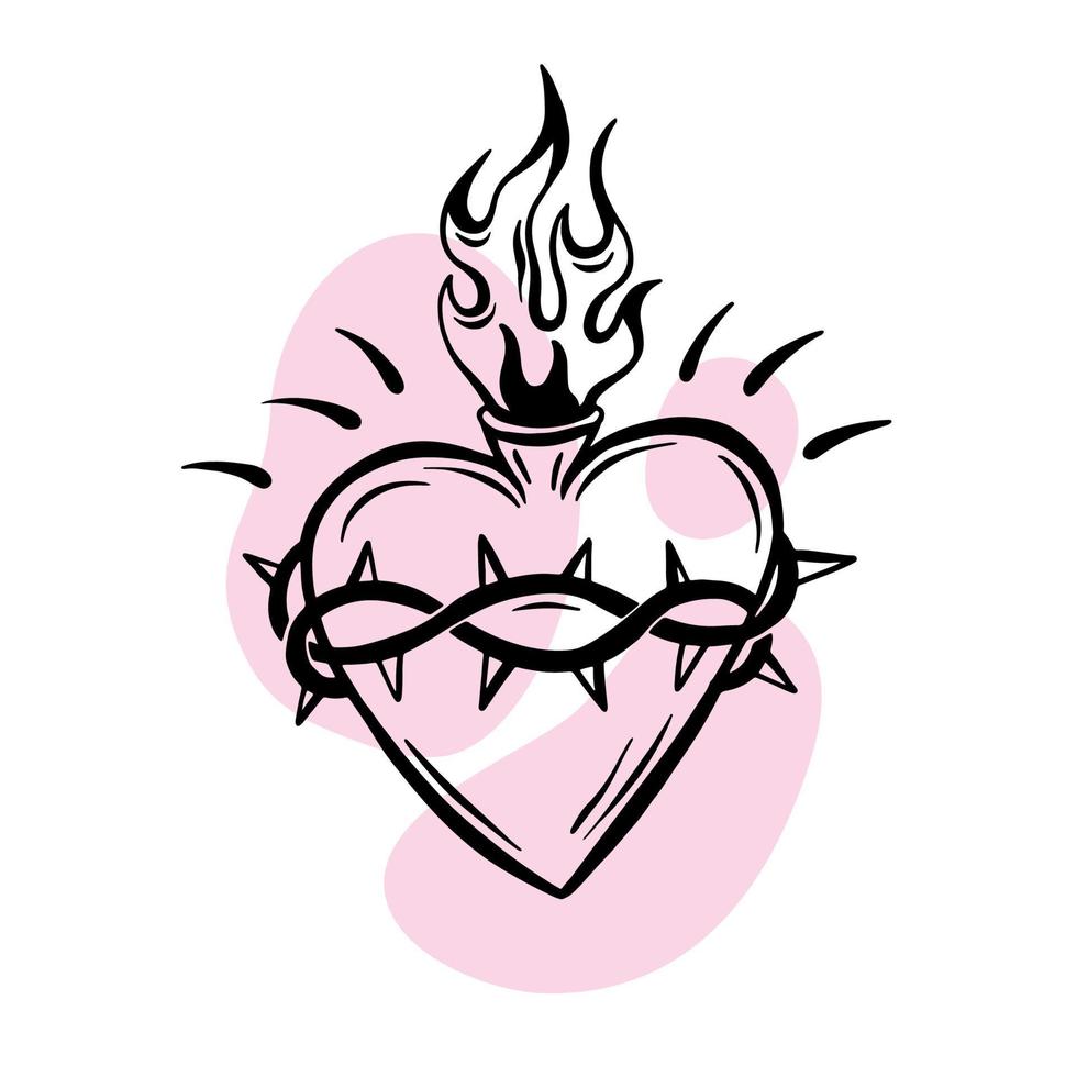 transferable temporary girl tattoo. A hot heart with a flame . Love, passion. lineart, engraving. vector