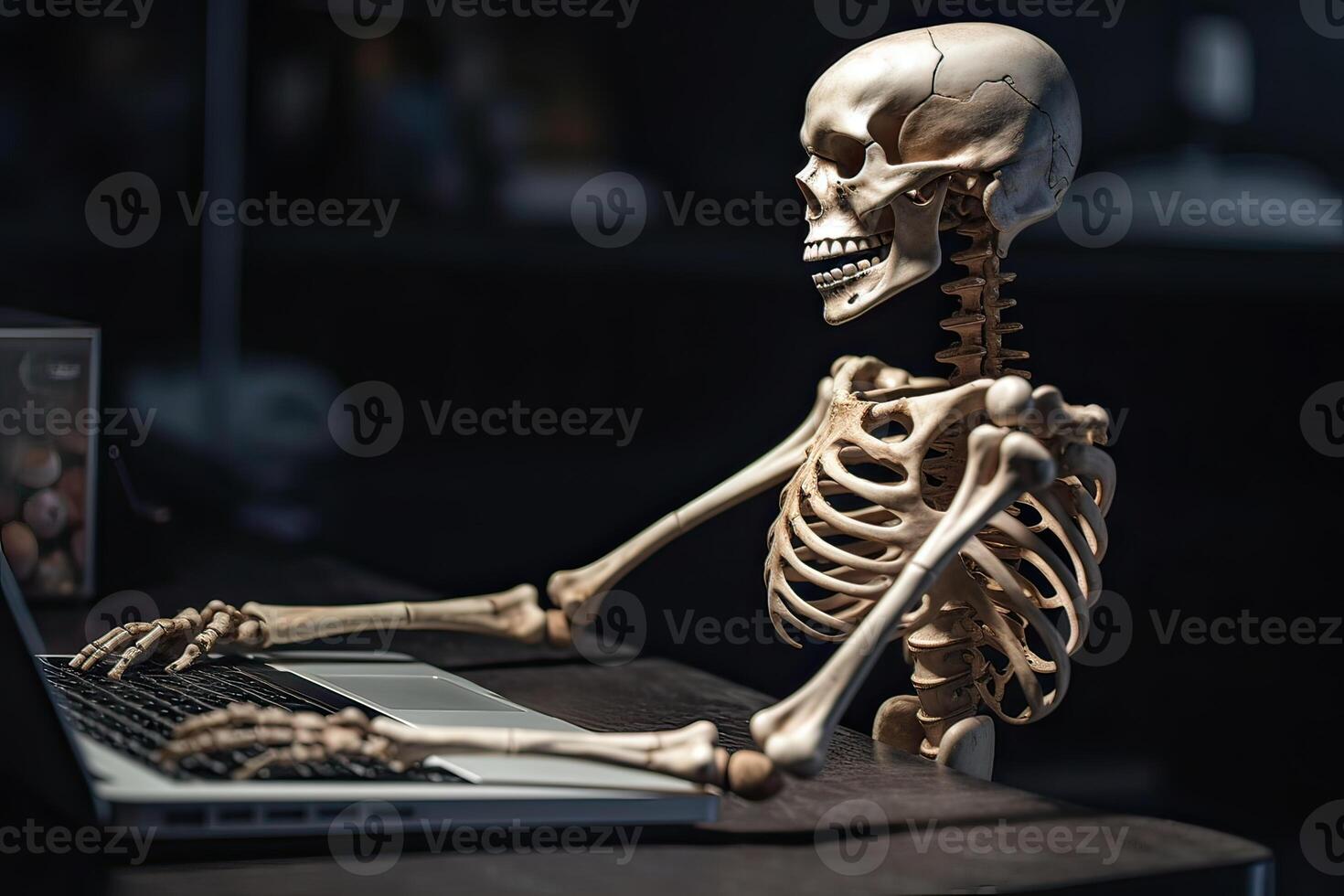 Skeleton businessman working in the office. dead skeleton working at office. . photo