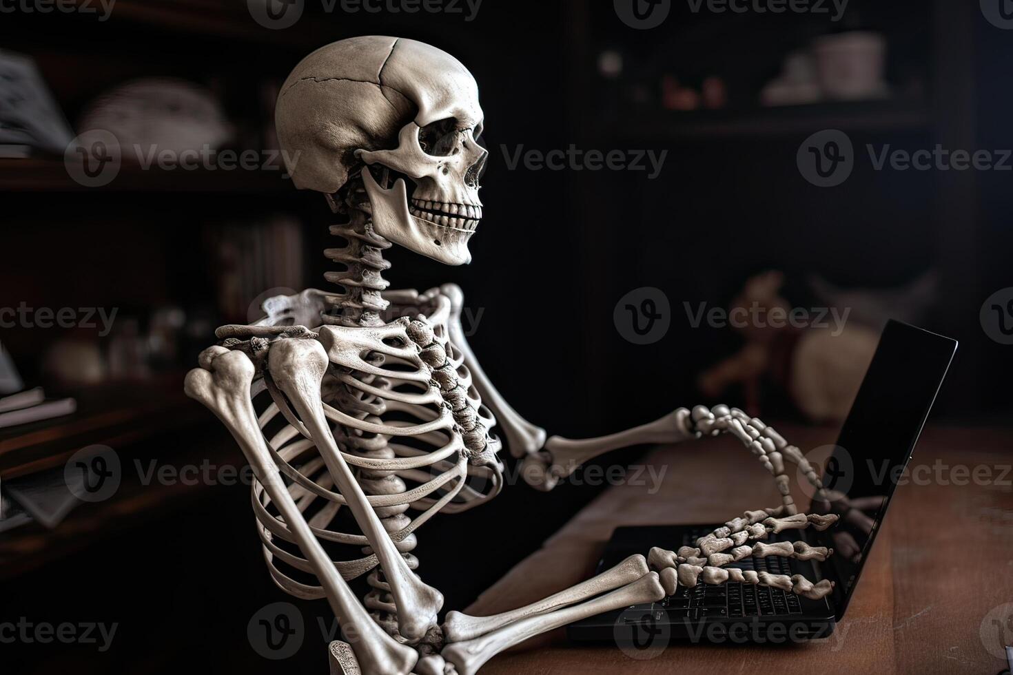 Skeleton businessman working in the office. dead skeleton working at office. . photo