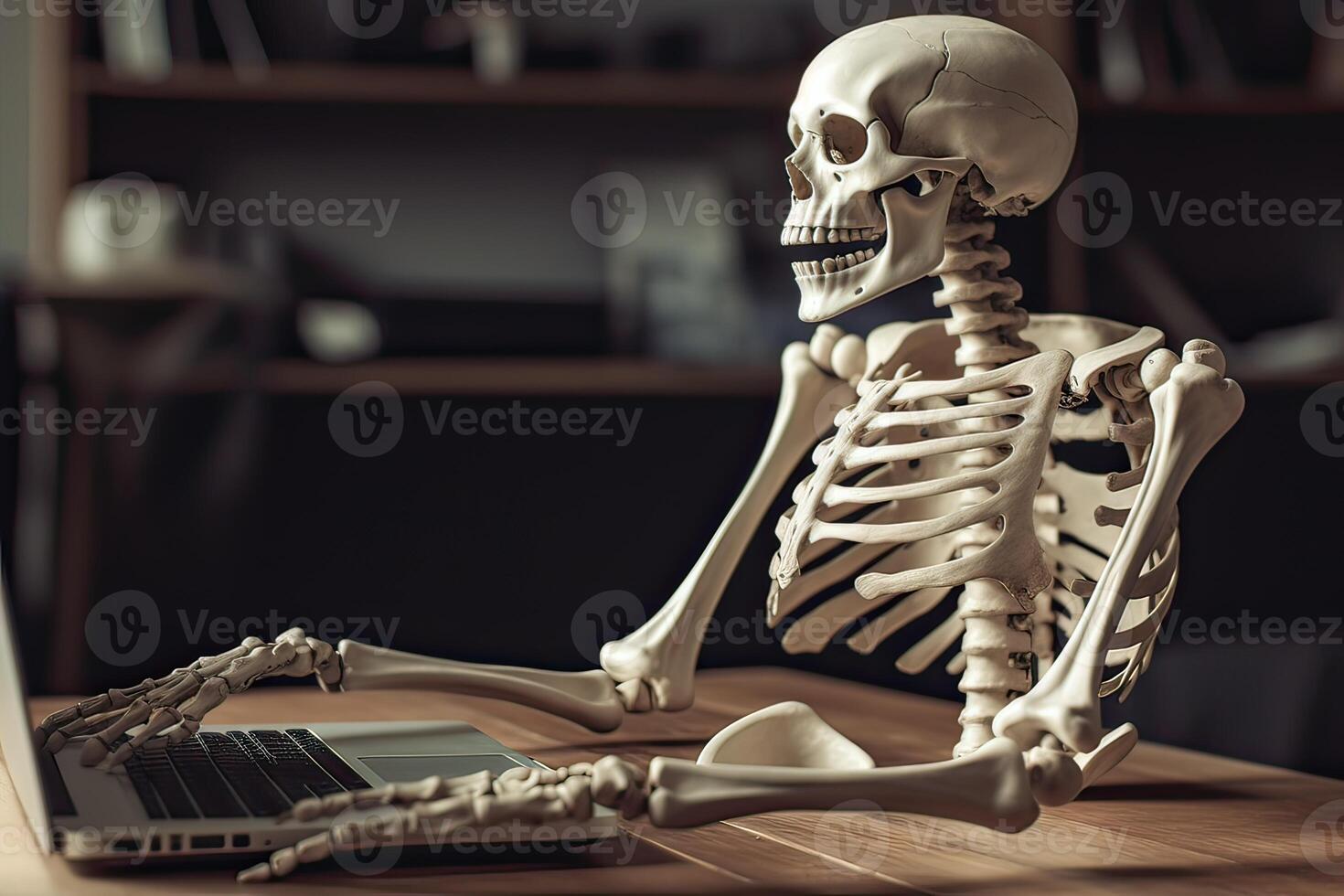 Skeleton businessman working in the office. dead skeleton working at office. . photo