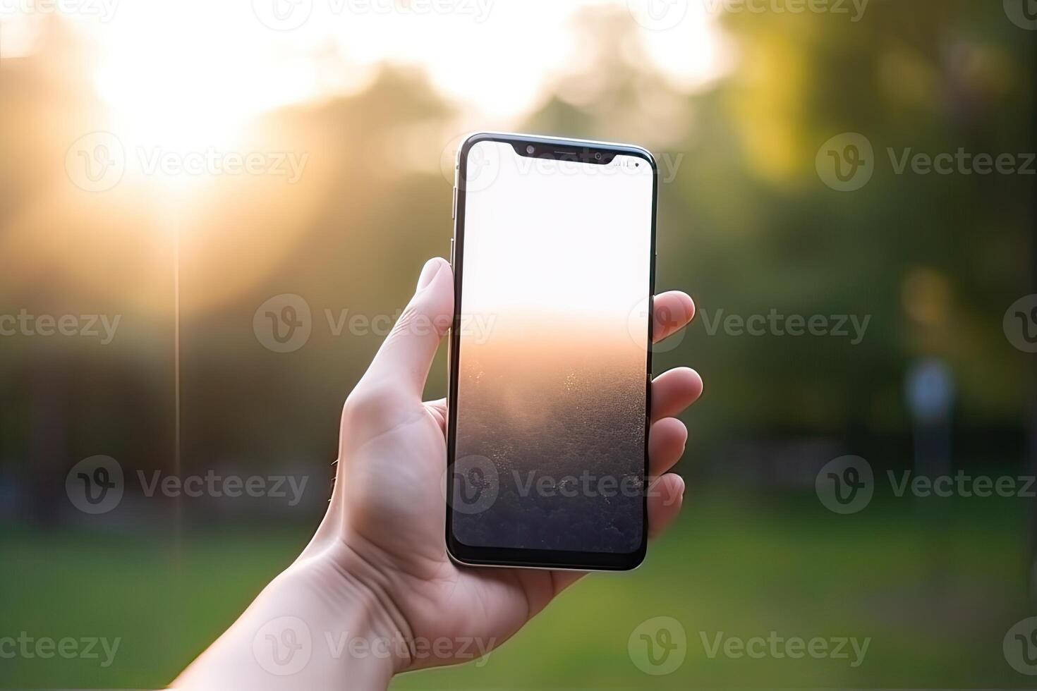 Close up view of hands holding mock up smart phone with green blurred background. photo