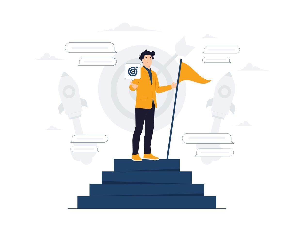 Success male entrepreneur, man leadership or challenge and achievement, success businessman on top of career staircase holding winning flag looking for future visionary concept illustration vector