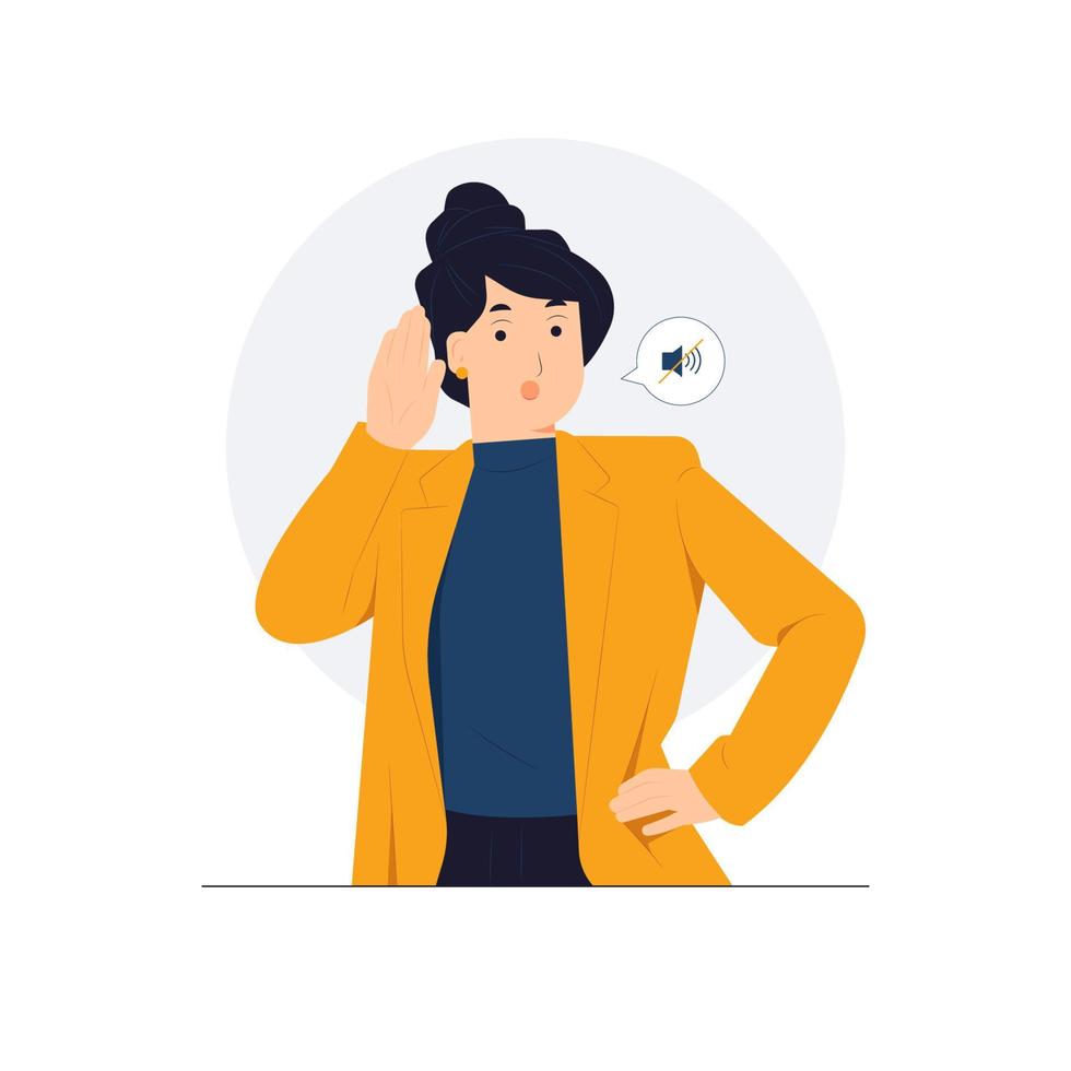 Woman with hand over ear listening an hearing to rumor or gossip, difficult to understand quiet talk, Deafness concept illustration vector
