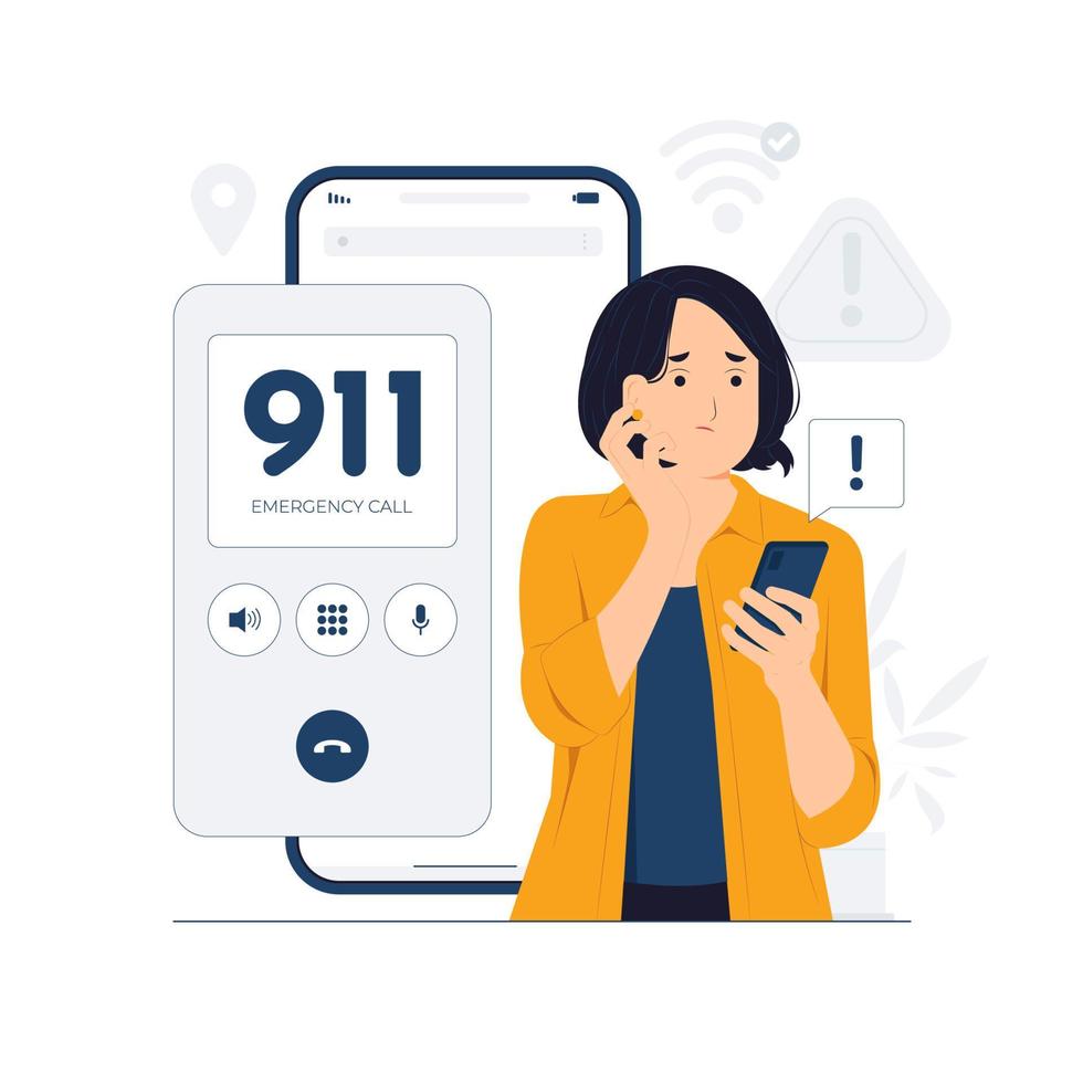 Emergency call 911, urgency, Worried panic woman talking on the phone need help concept illustration vector