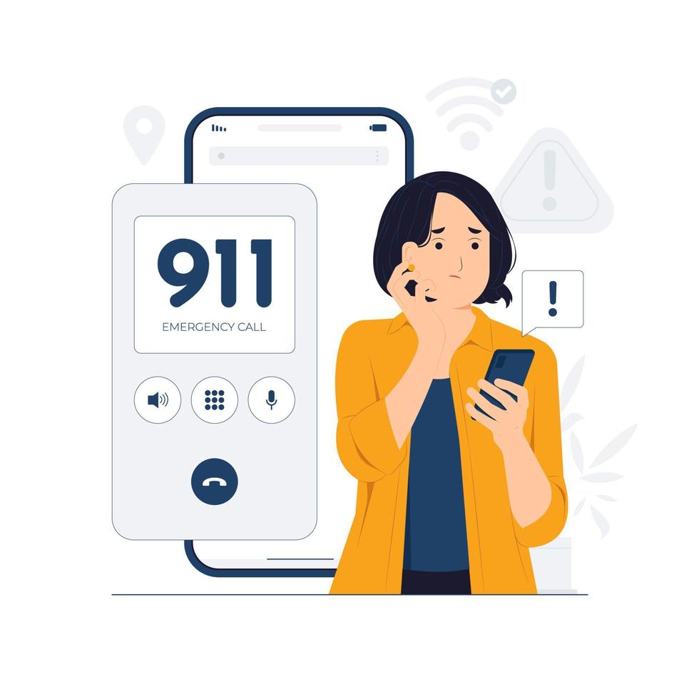 emergencia llamada 911, urgencia, preocupado pánico mujer hablando en el teléfono necesitar ayuda concepto ilustración vector