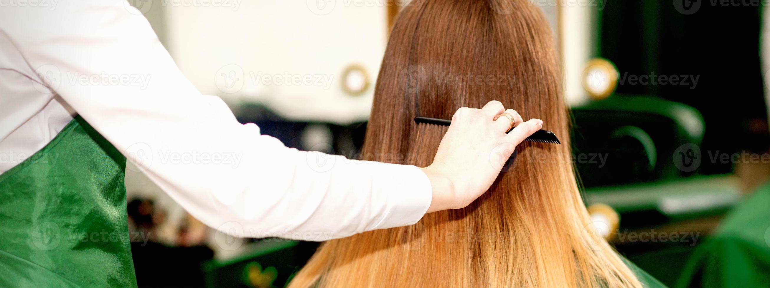 Hairdresser combing long hair of client photo