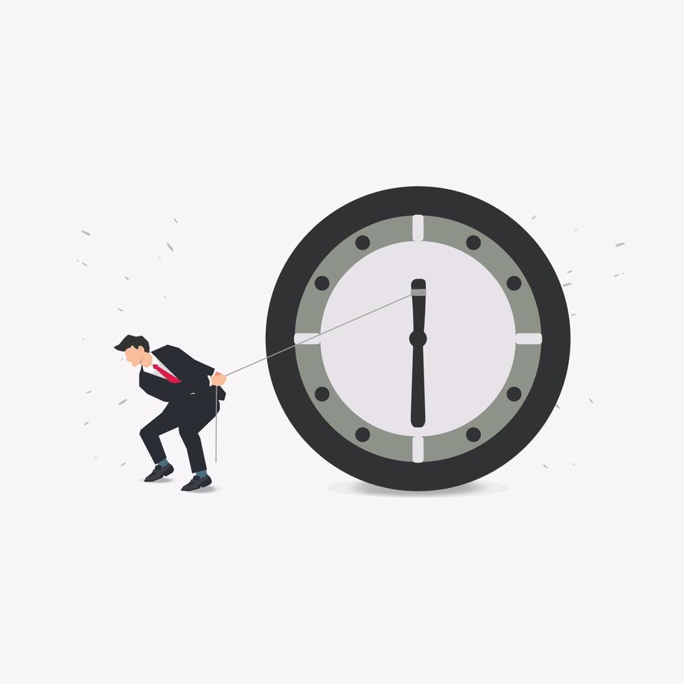 Time control concept, organization of process, businessman standing at wall  with clock adjusts time 5977298 Vector Art at Vecteezy