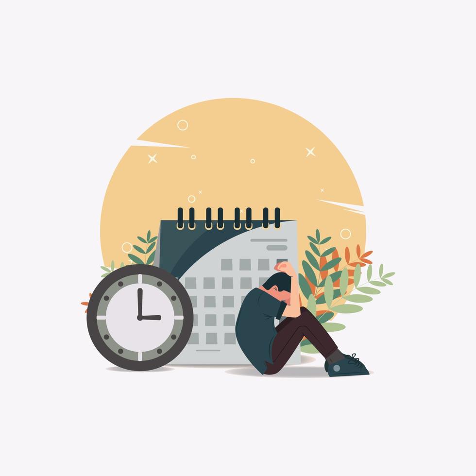 Deprimido triste hombre con reloj y calandrar diseño vector ilustración