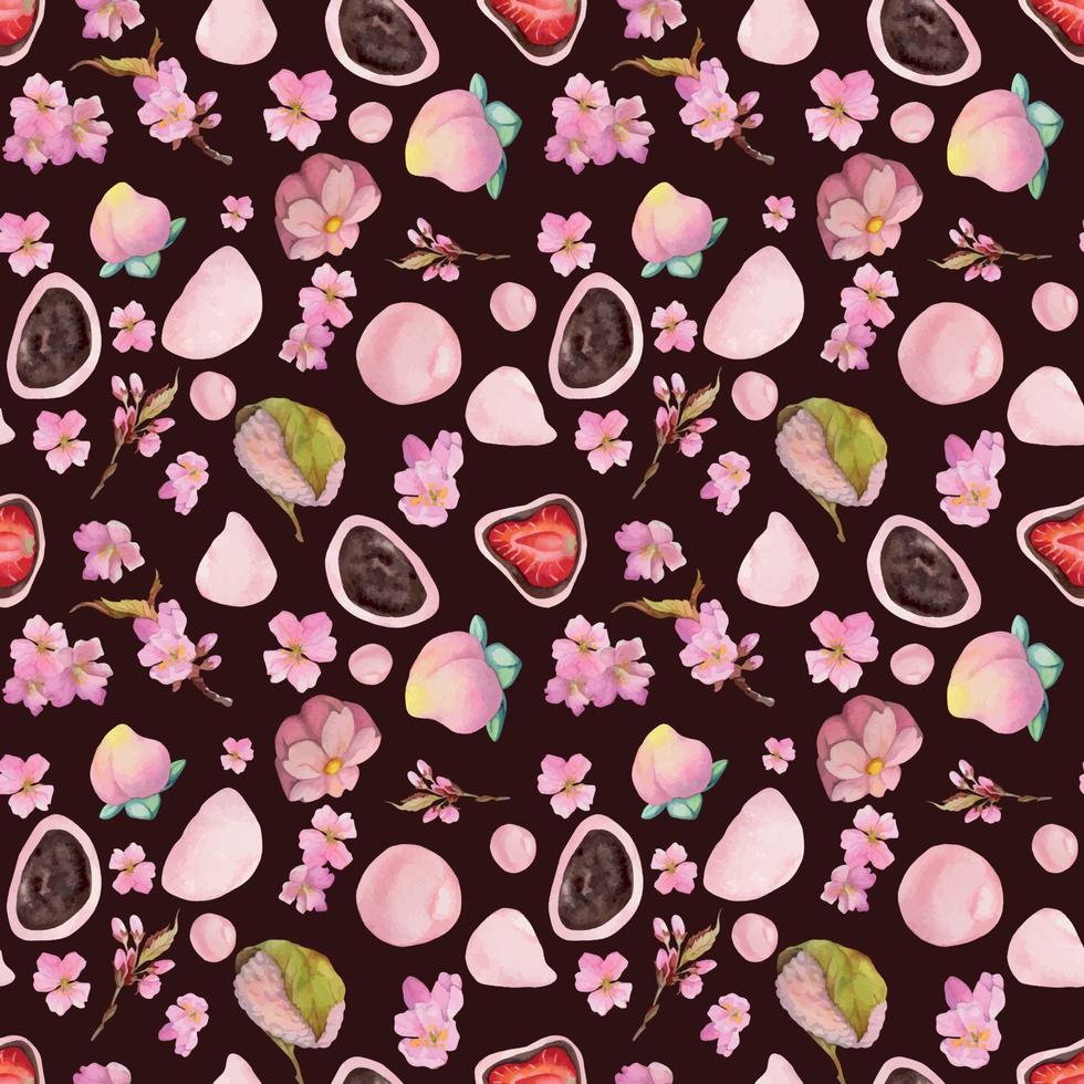 Watercolor seamless pattern with hand drawn traditional Japanese sweets. Wagashi, mochi, sakura blossom. Isolated on white background. Invitations, restaurant menu, greeting cards, print, textile vector