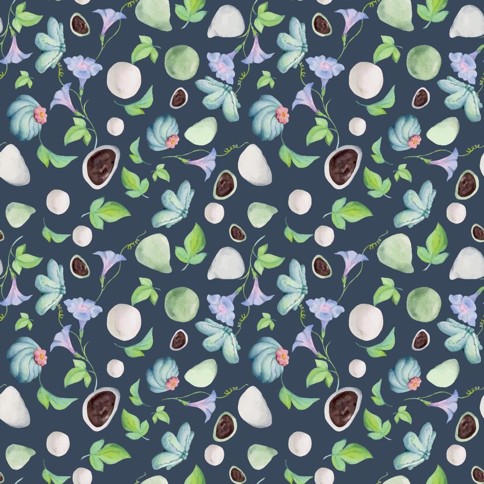 Watercolor seamless pattern with hand drawn traditional Japanese sweets. Wagashi, mochi, summer flowers Isolated on color background. Invitations, restaurant menu, greeting cards, print, textile vector