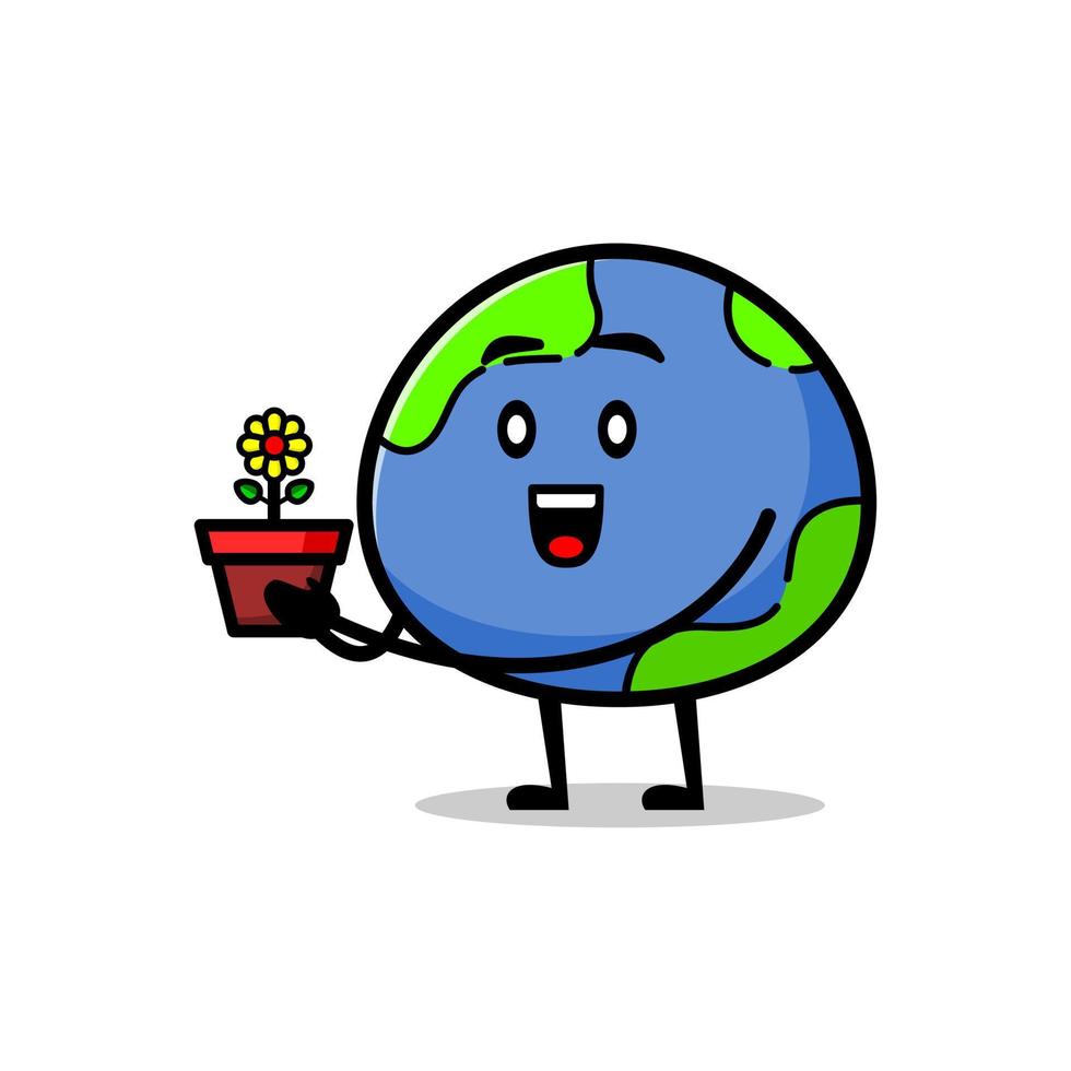 cute earth carrying a flower. globe earth smiling funny mascot illustration. vector