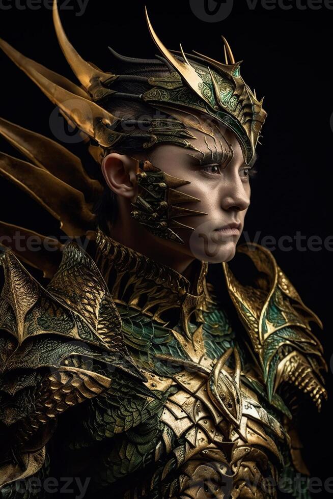 Male dragon daemon warrior in green and gold armor photo