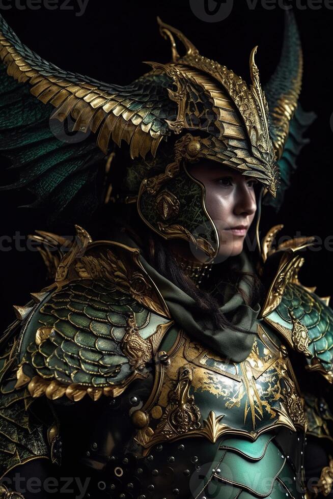 Male dragon daemon warrior in green and gold armor photo