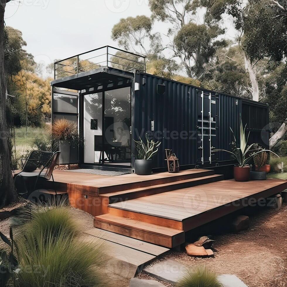 Modern metal building made from shipping containers and in forest and blue sky background. container house design in forest. photo