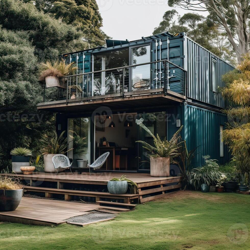 Modern metal building made from shipping containers and in forest and blue sky background. container house design in forest. photo