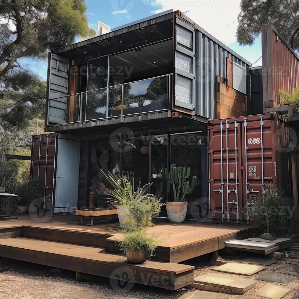 Modern metal building made from shipping containers and in forest and blue sky background. container house design in forest. photo