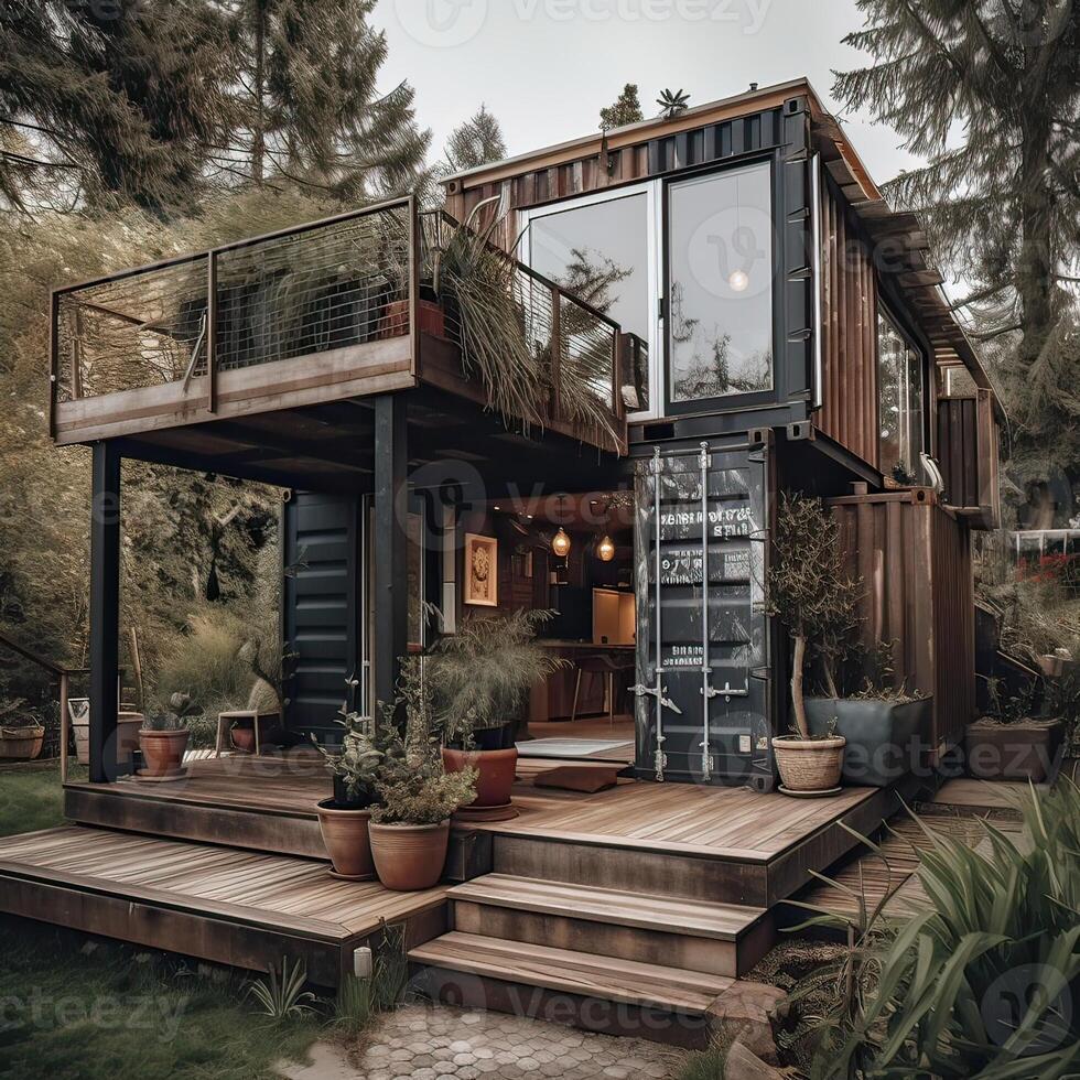 Modern metal building made from shipping containers and in forest and blue sky background. container house design in forest. photo