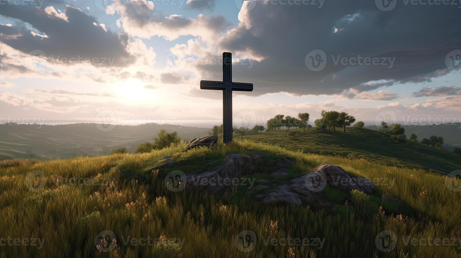 Cross crucifixion of jesus - Wooden cross at sunset sky background. Crucifixion and resurrection concept. photo