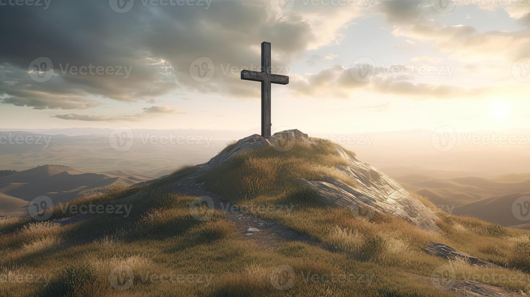 Cross crucifixion of jesus - Wooden cross at sunset sky background. Crucifixion and resurrection concept. photo