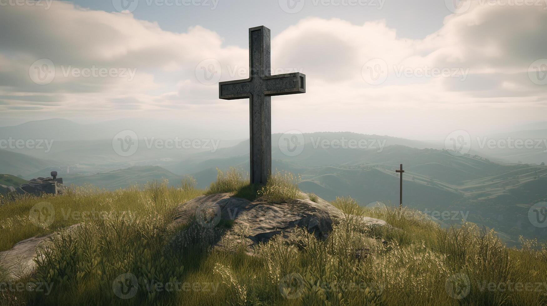 Cross crucifixion of jesus - Wooden cross at sunset sky background. Crucifixion and resurrection concept. photo