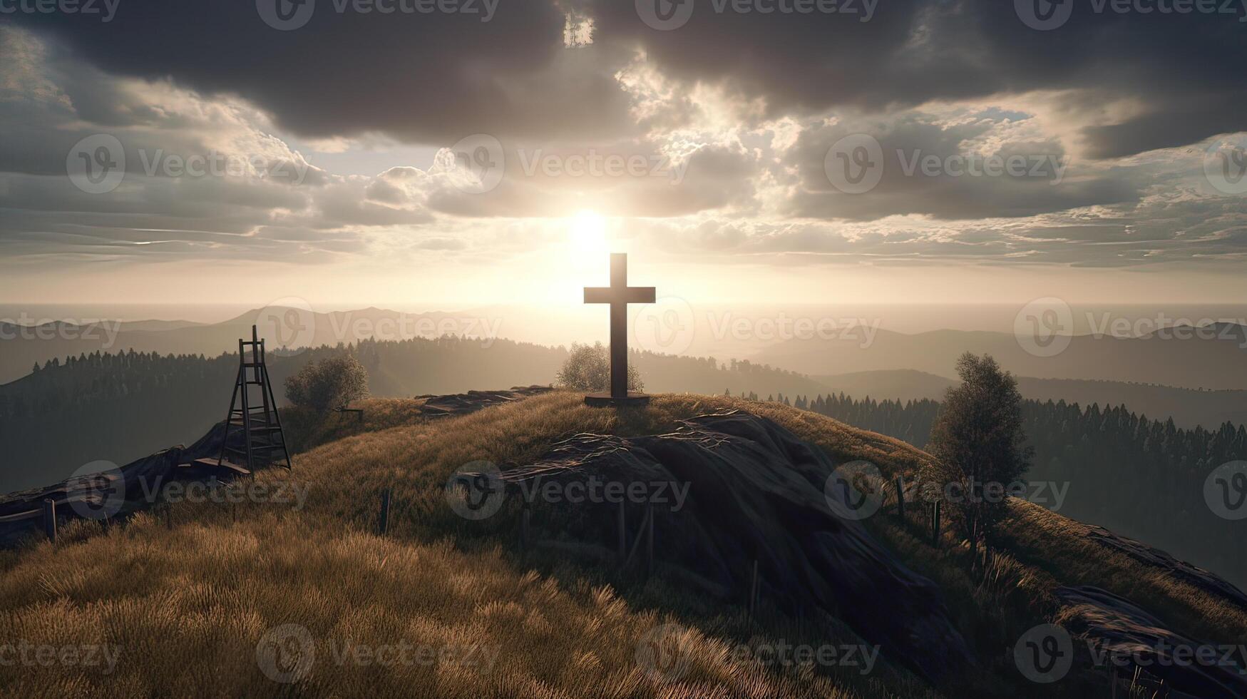 Cross crucifixion of jesus - Wooden cross at sunset sky background. Crucifixion and resurrection concept. photo