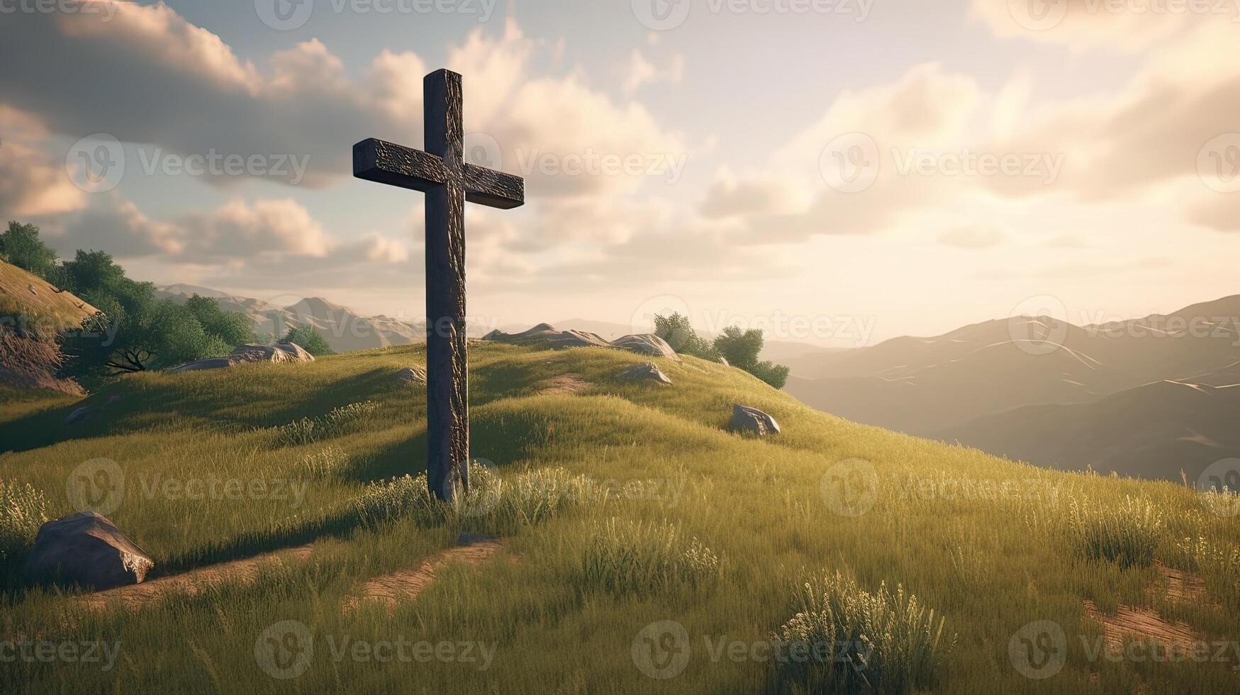 Cross crucifixion of jesus - Wooden cross at sunset sky background. Crucifixion and resurrection concept. photo
