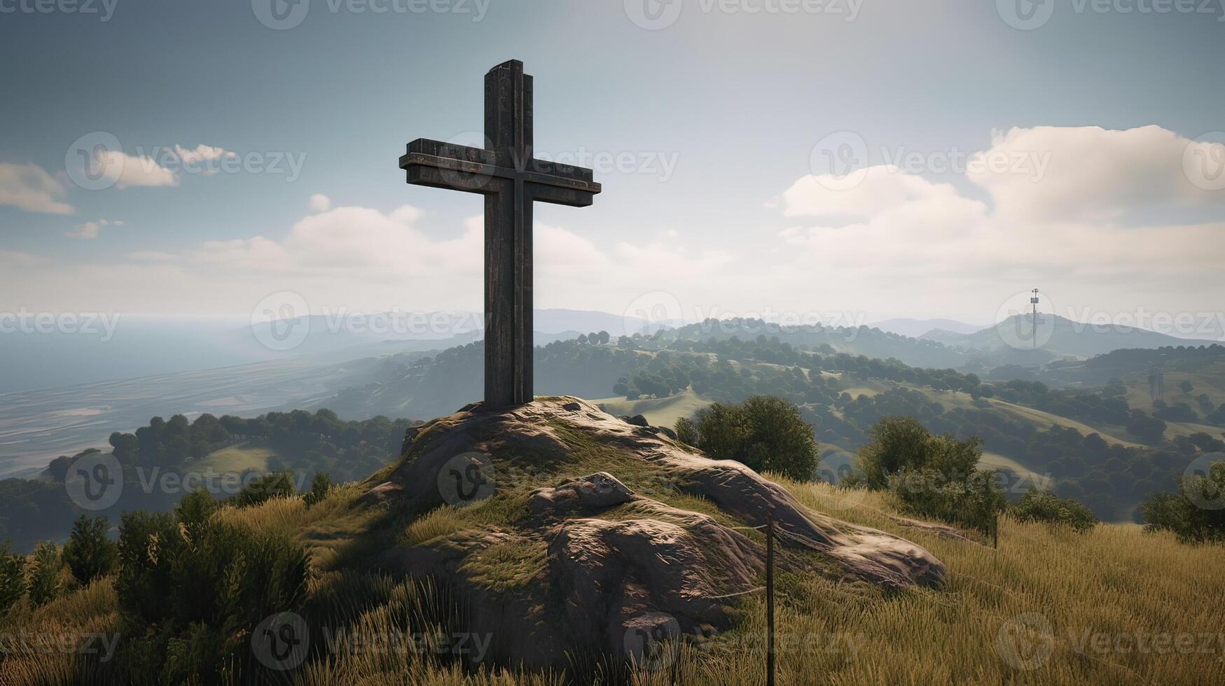 Cross crucifixion of jesus - Wooden cross at sunset sky background. Crucifixion and resurrection concept. photo