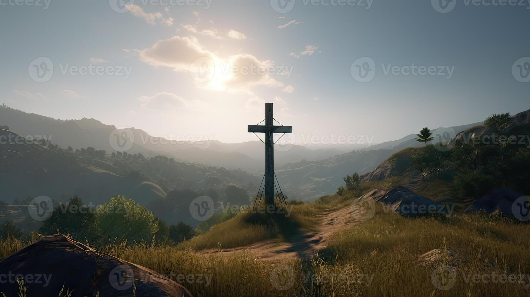 Cross crucifixion of jesus - Wooden cross at sunset sky background. Crucifixion and resurrection concept. photo