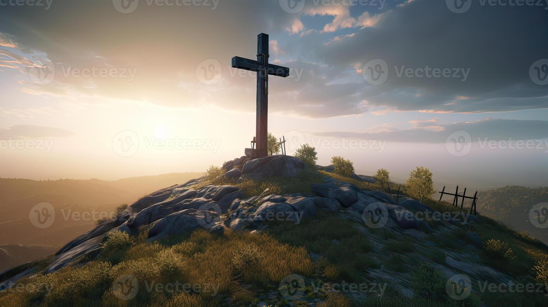 cruzar crucifixión de Jesús - de madera cruzar a puesta de sol cielo antecedentes. crucifixión y Resurrección concepto. generativo ai foto