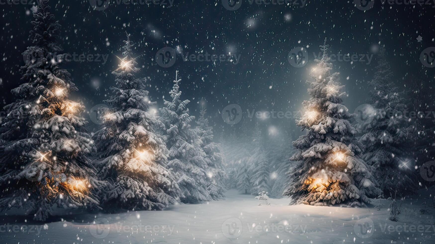 Navidad árbol y Navidad luces en resumen Nevado paisaje fondo, Navidad antecedentes concepto con publicidad espacio. generativo ai. foto