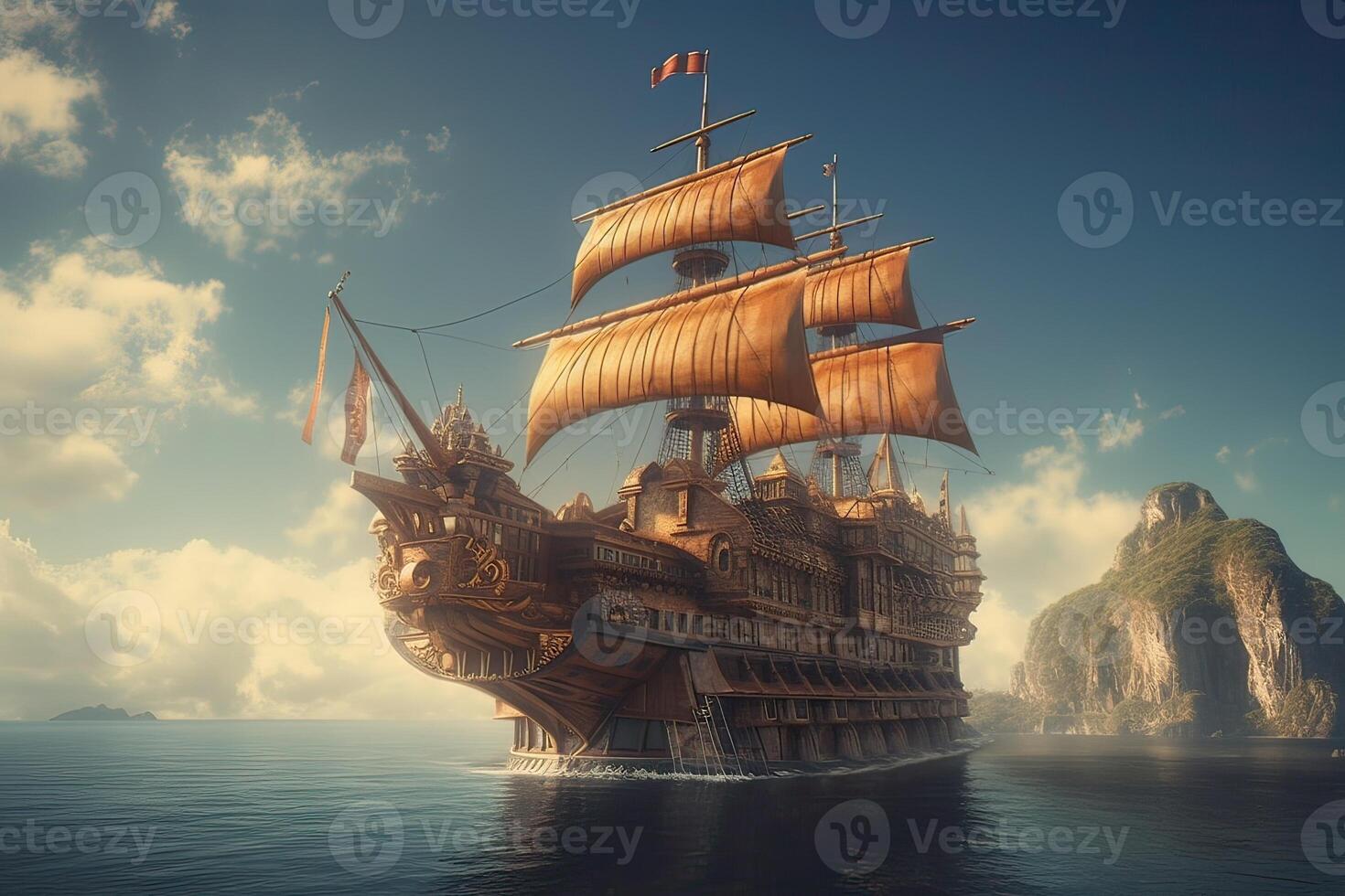 3D illustration futuristic of a Pirate ship sailing on the sky. . photo
