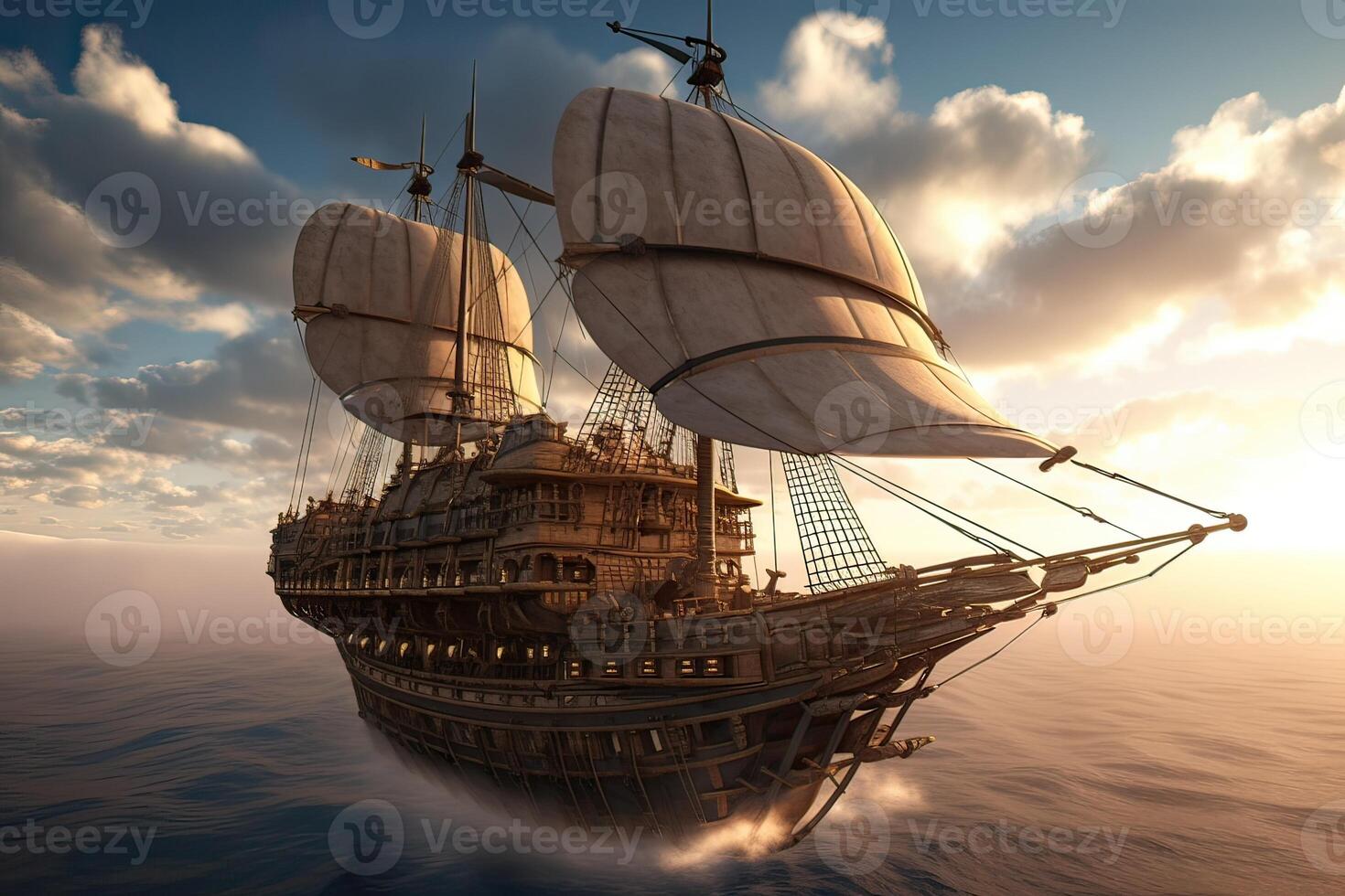 3D illustration futuristic of a Pirate ship sailing on the sky. . photo