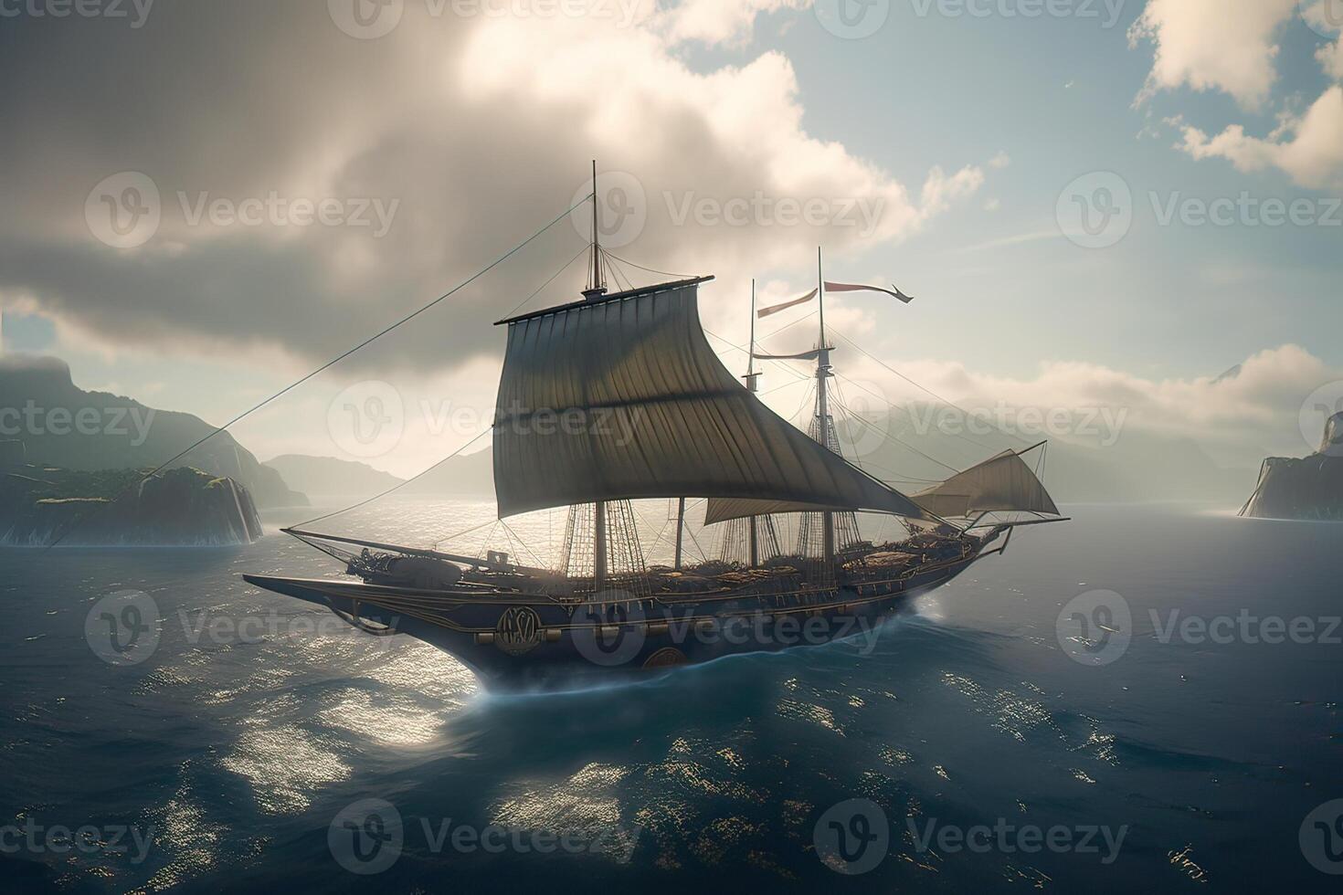 3D illustration futuristic of a Pirate ship sailing on the sky. . photo