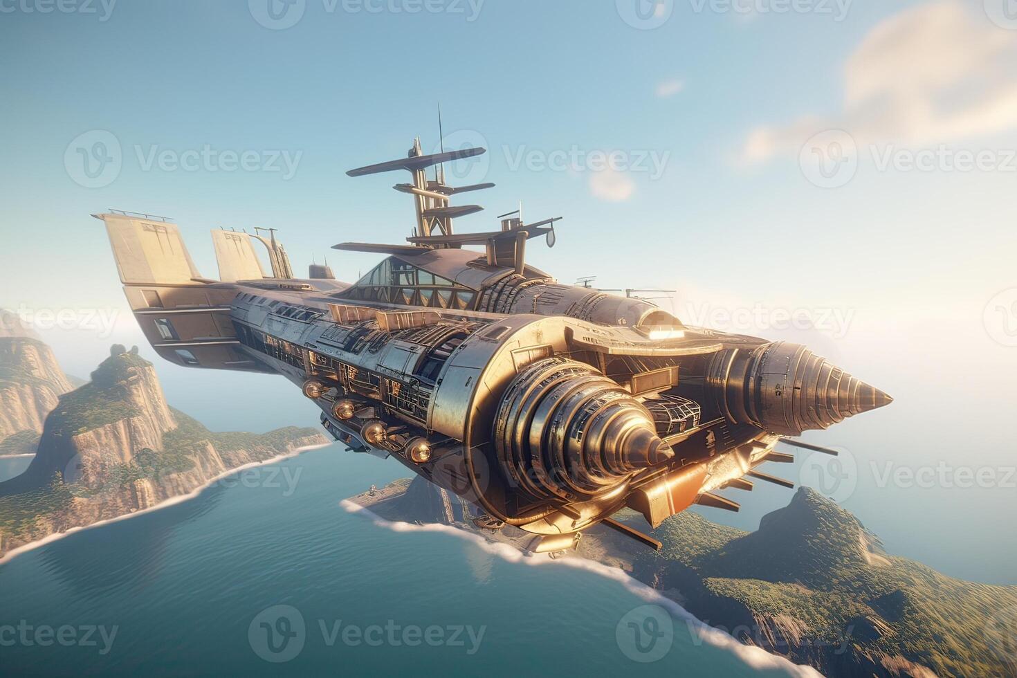 3D illustration futuristic of a Pirate ship sailing on the sky. . photo