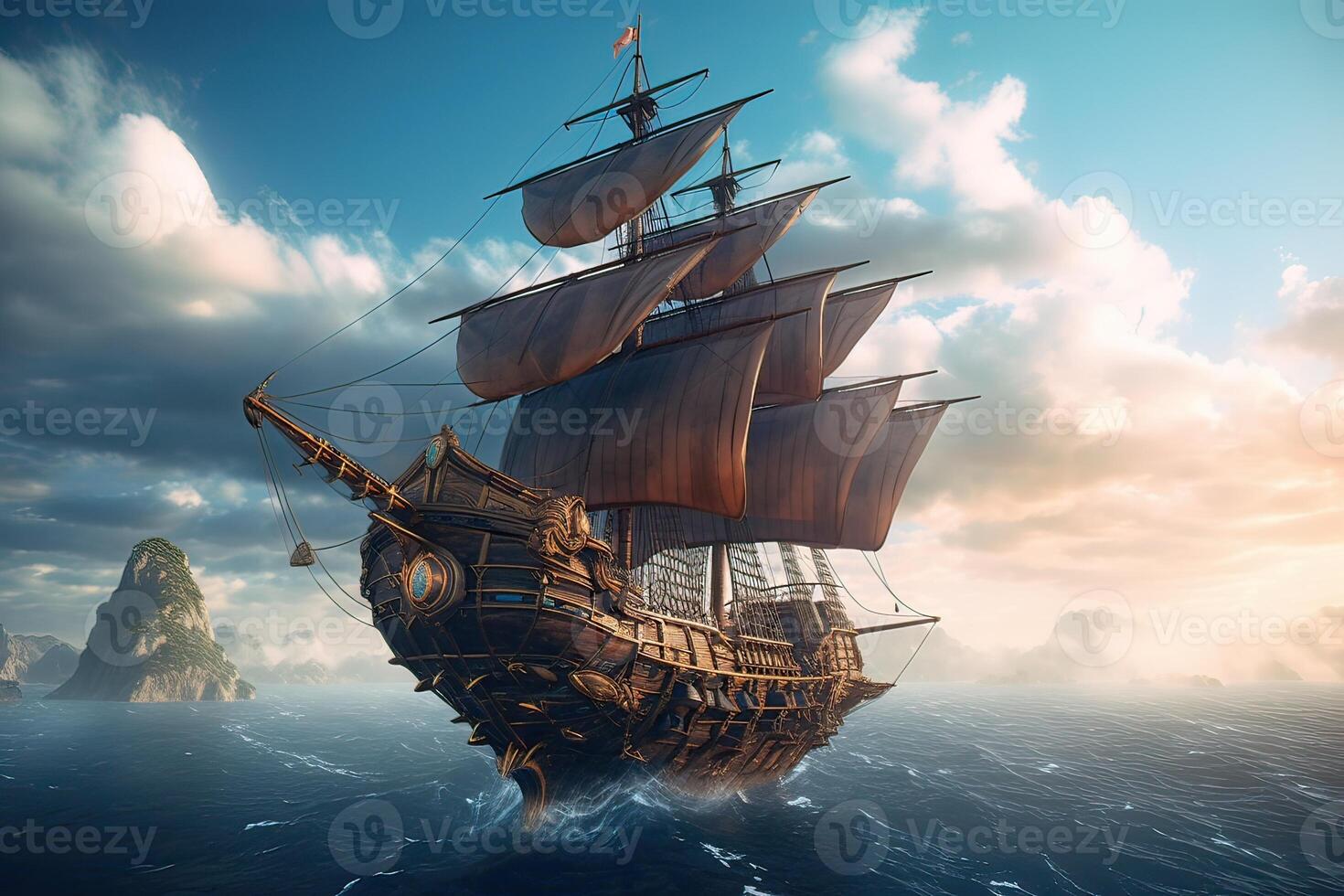 3D illustration futuristic of a Pirate ship sailing on the sky. . photo