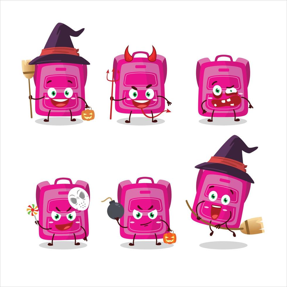 Halloween expression emoticons with cartoon character of pink school bag vector
