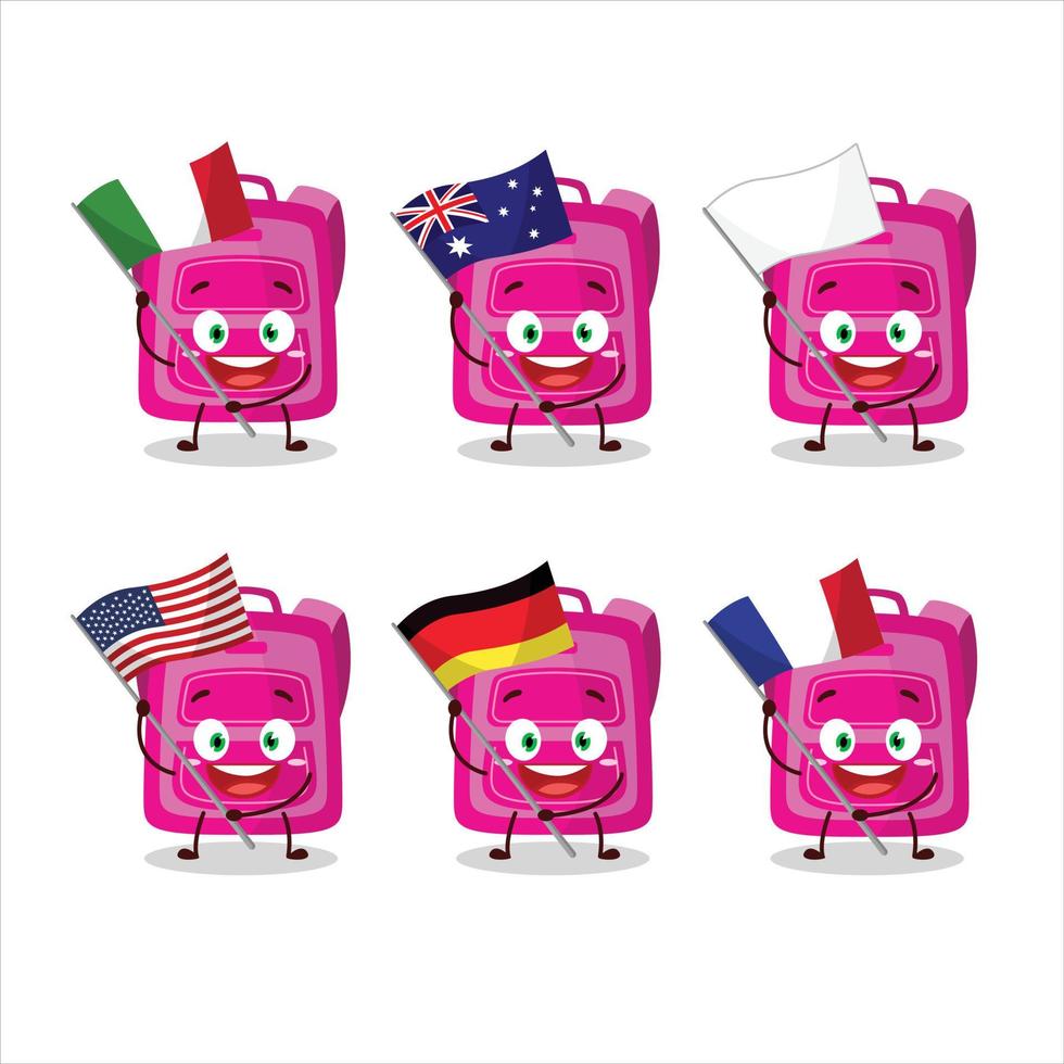 Pink school bag cartoon character bring the flags of various countries vector