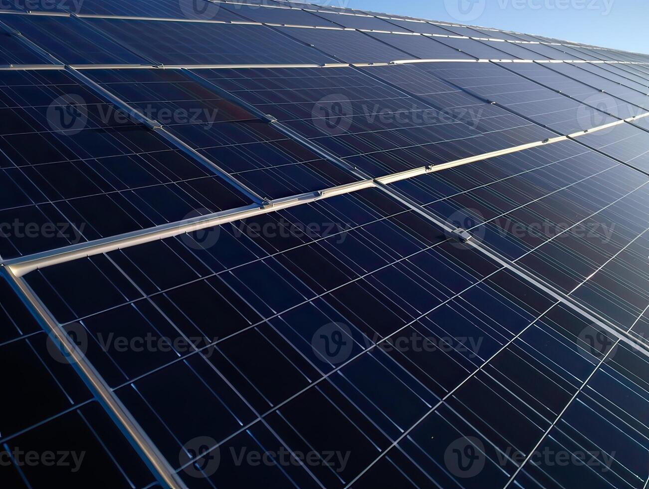 Solar Panels farm or solar call farm on green hills field and blue sky background .energy and eco environment concept .focus on first solar panel. . photo