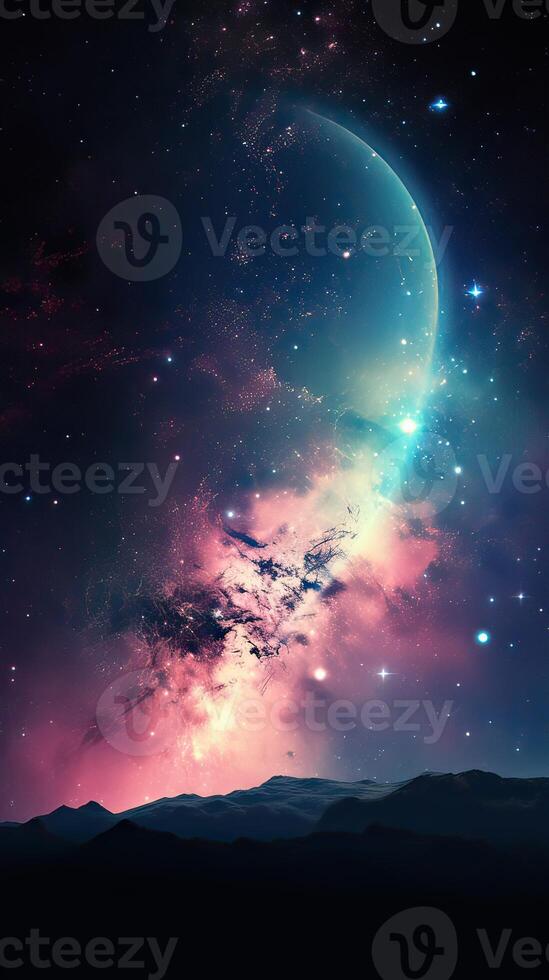 Abstract outer space endless nebula galaxy background. Large view of a colorful dark nebula in space. Cosmic background with bright shining stars, galaxies, and a deep universe. photo