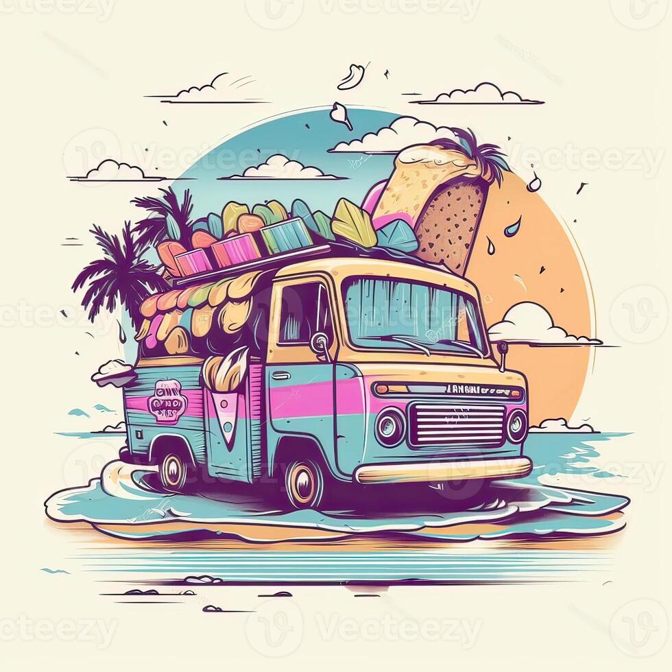 Vintage, retro surf van with palms, sun and a gull. Handdrawn t-shirt graphics, print. Vector illustration. . photo