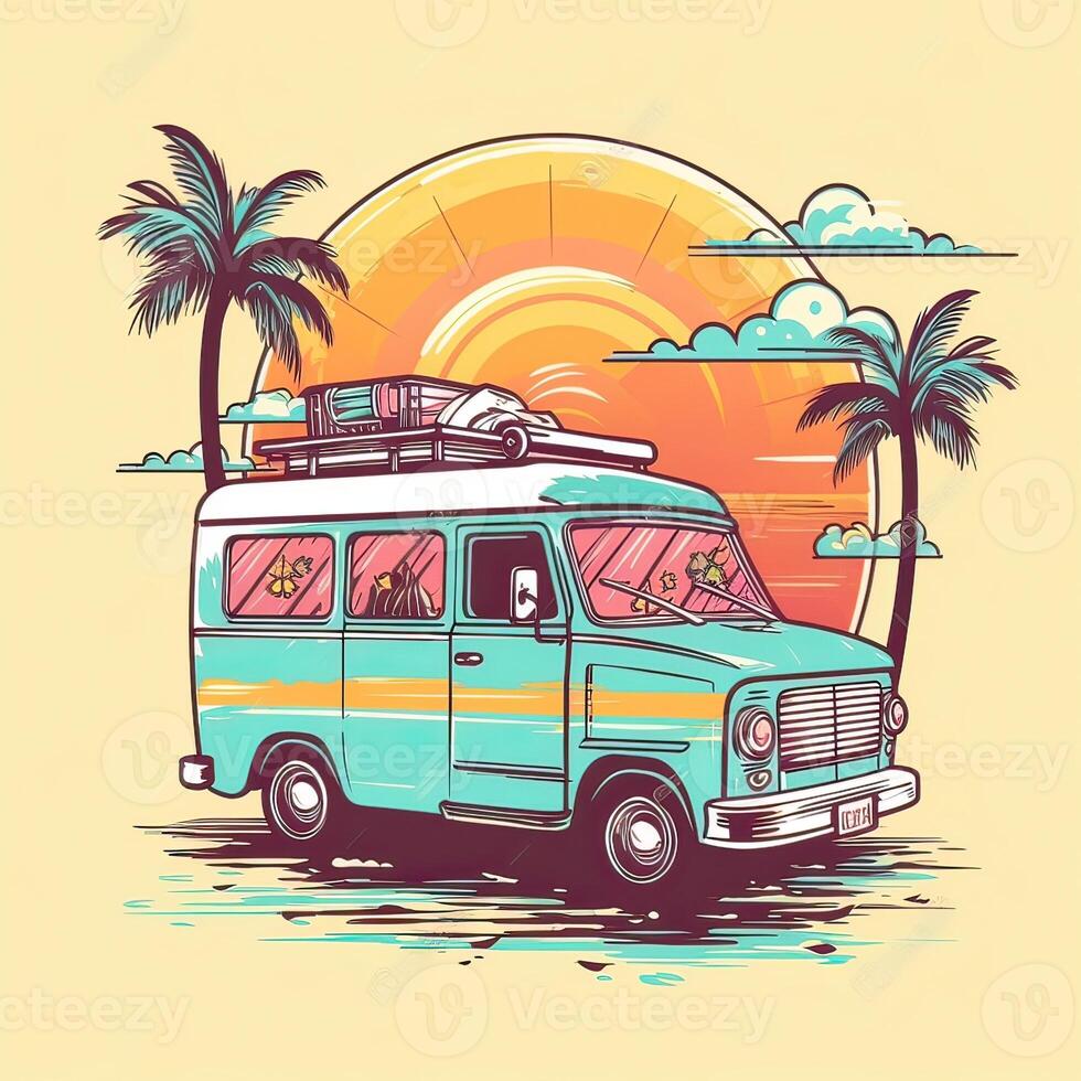 Vintage, retro surf van with palms, sun and a gull. Handdrawn t-shirt graphics, print. Vector illustration. . photo