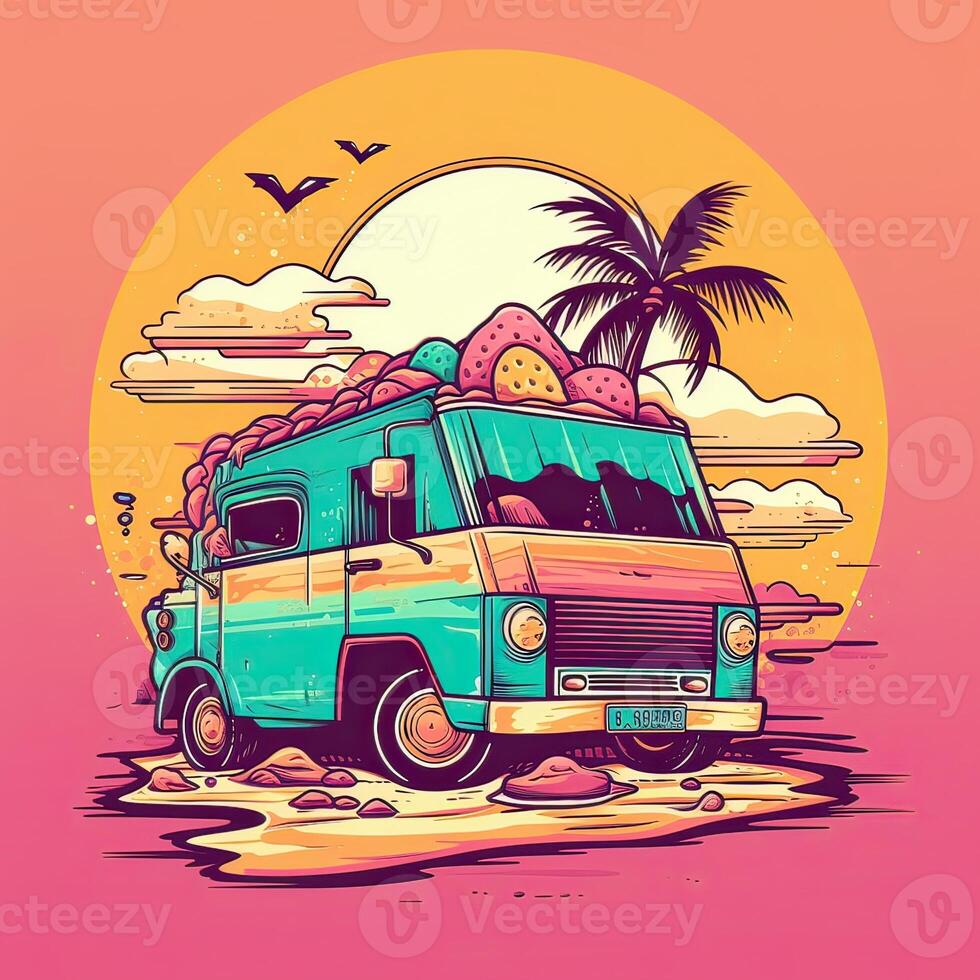 antiguo, retro navegar camioneta con palmas, Dom y un gaviota. dibujado a mano camiseta gráficos, impresión. vector ilustración. generativo ai. foto
