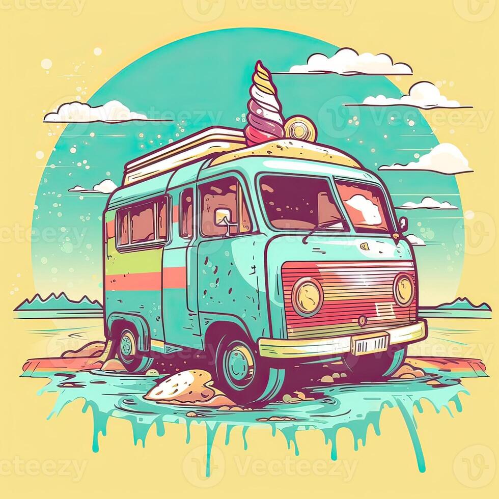 Vintage, retro surf van with palms, sun and a gull. Handdrawn t-shirt graphics, print. Vector illustration. . photo