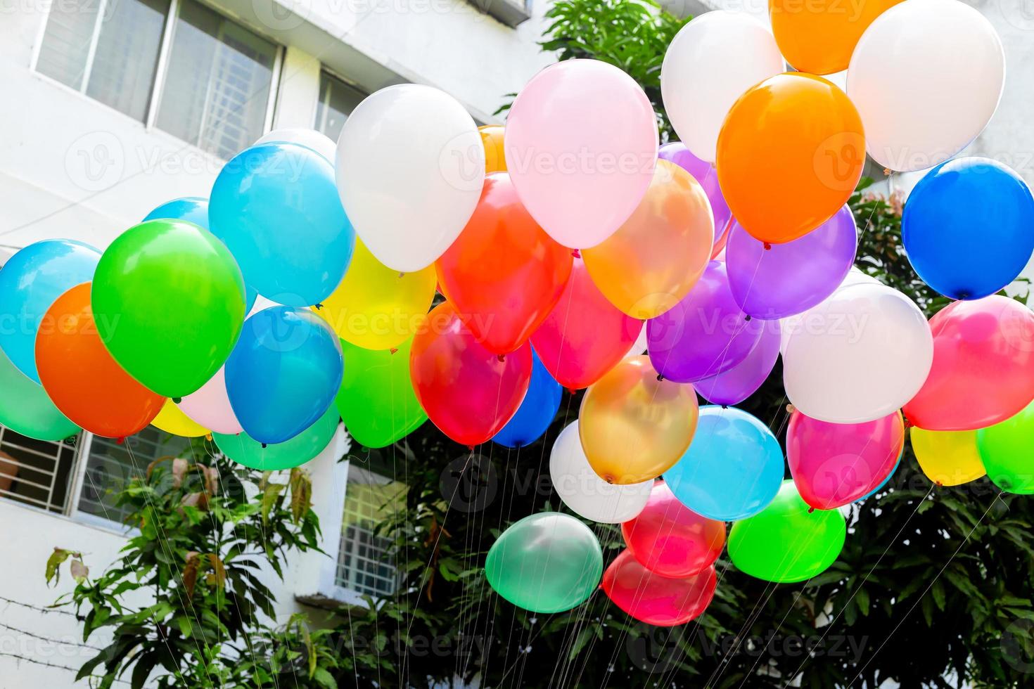 Colorful balloons filled with gas tied to the thread are flying. photo