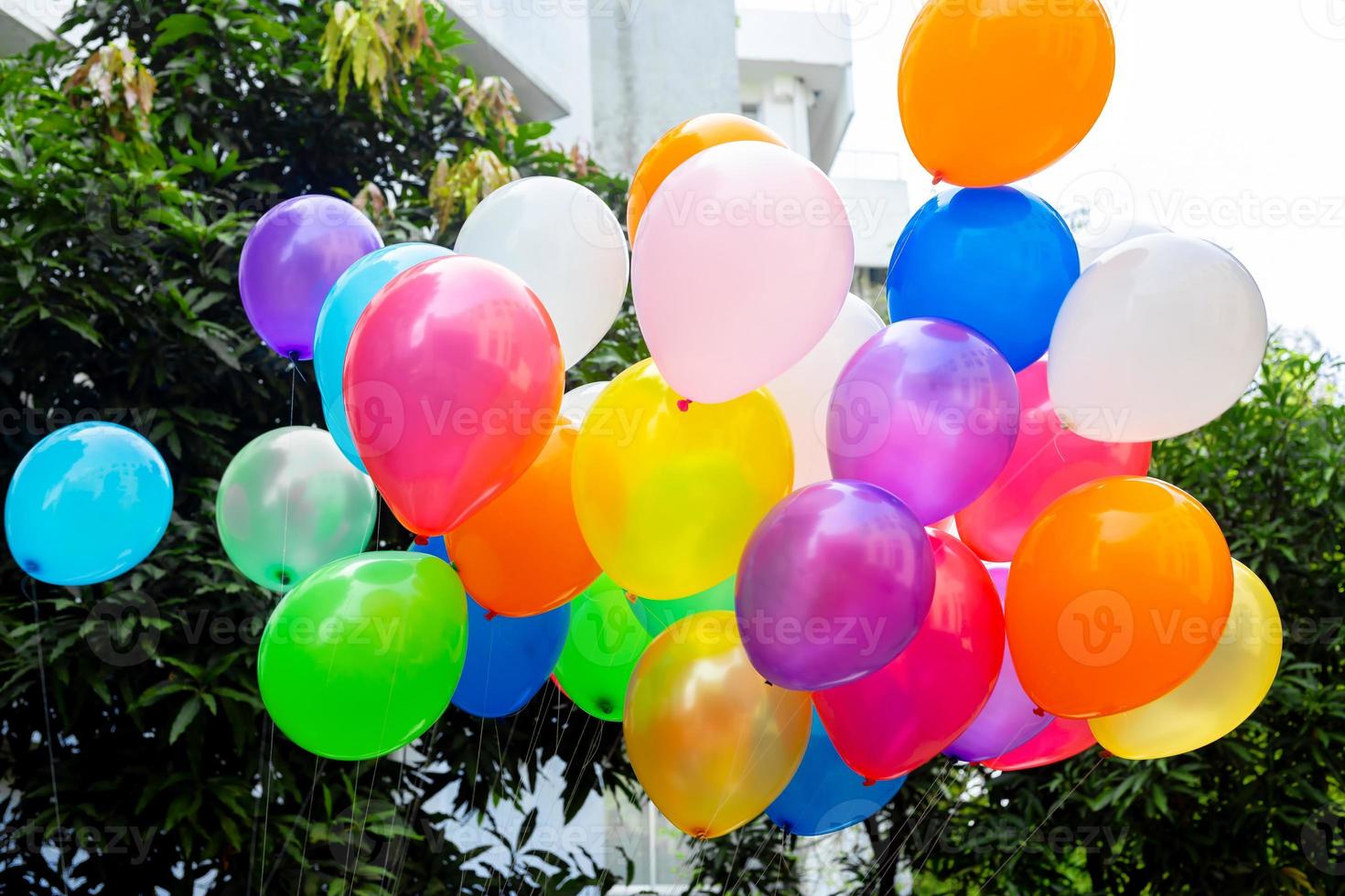 Colorful balloons filled with gas tied to the thread are flying. photo