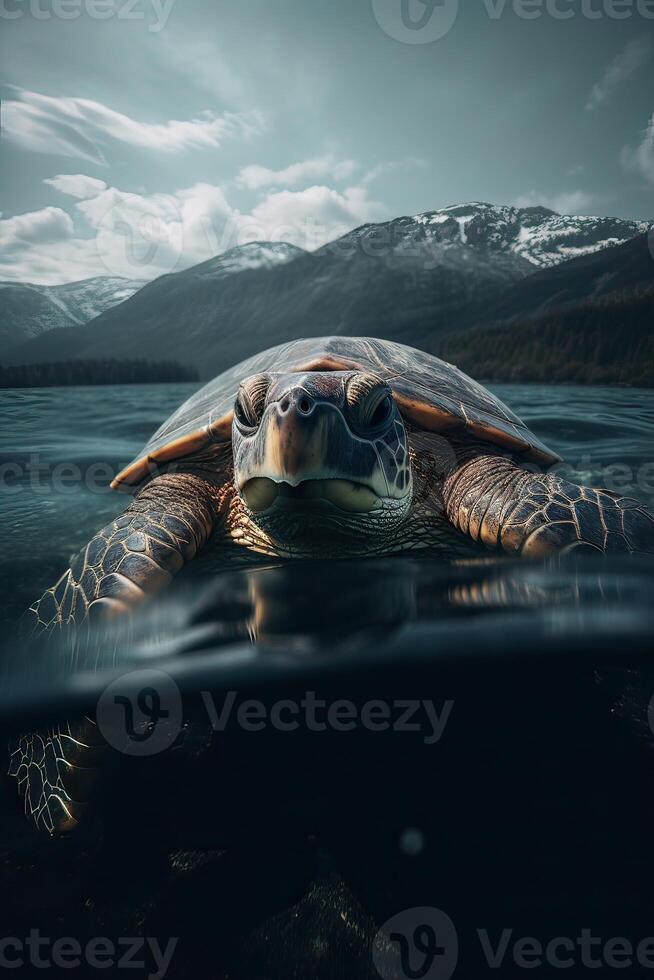 Beautiful view of the mountain. Ocean surfing wave breaking and turtles diving underwater. turtles below the water surface in turquoise waters of a tropical oceans. . photo