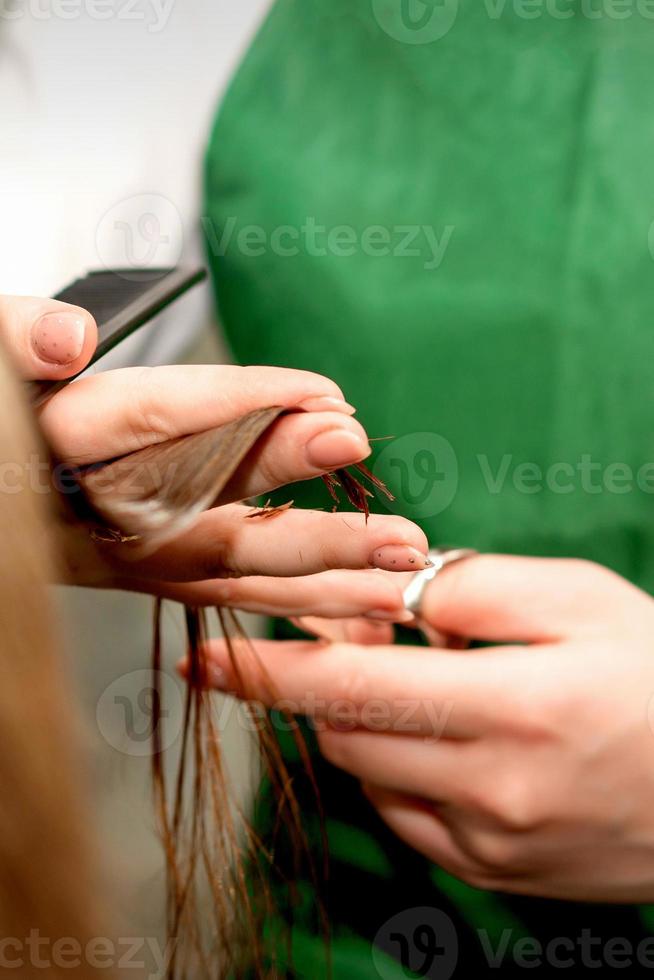 Closeup of a hairdresser cutting hair tips of a female customer in a beauty salon. photo