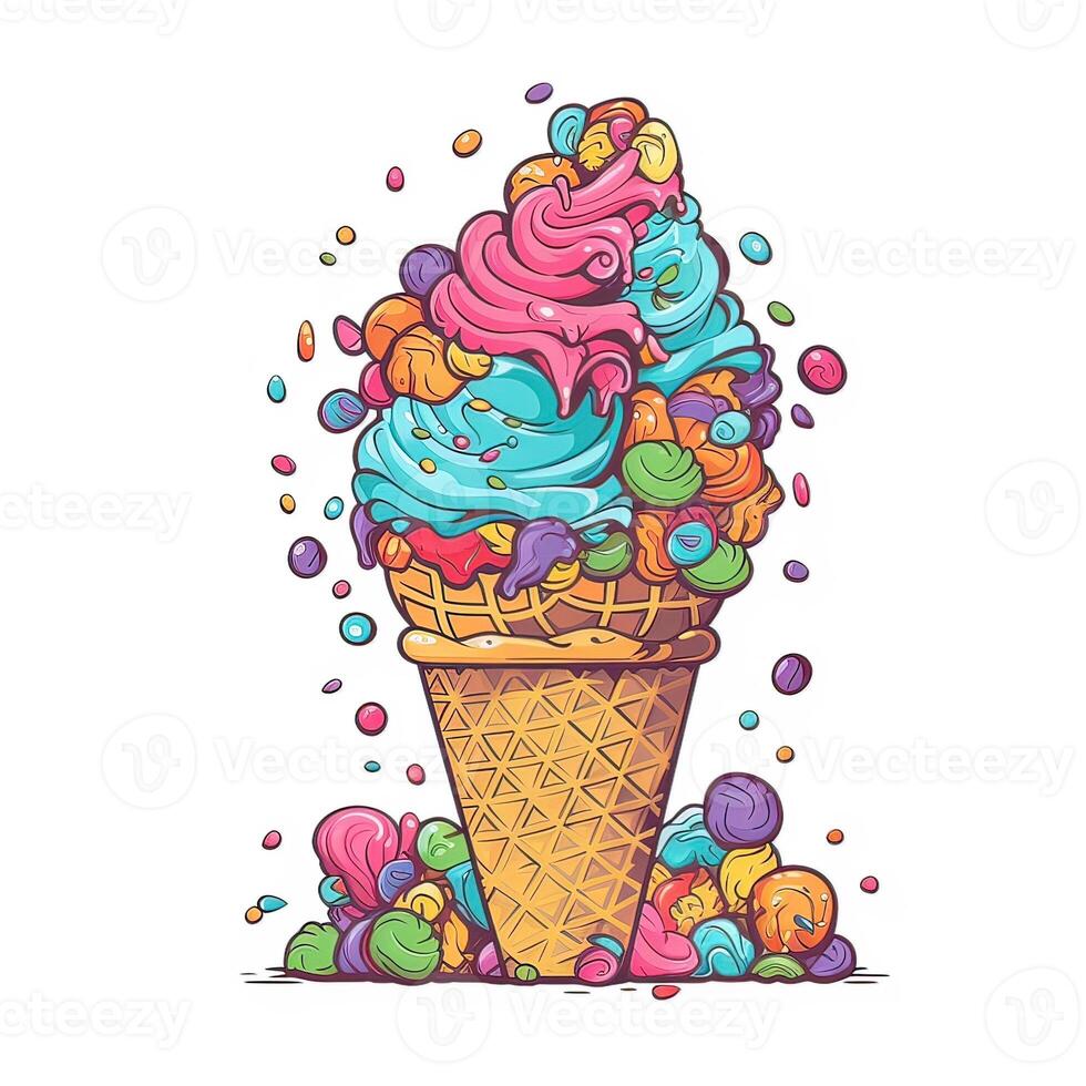 Melting ice cream balls in the waffle cone. Vector flat outline icon. Comic character in cartoon style illustration for t shirt design. . photo